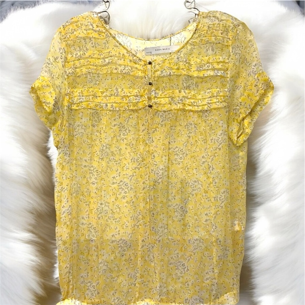 ZARA Basic Silk Chiffon Yellow Floral Top L